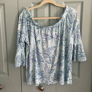 Stella Parker Womens L Off-the-Shoulder Top 3/4 Sleeve Cotton Blue Floral